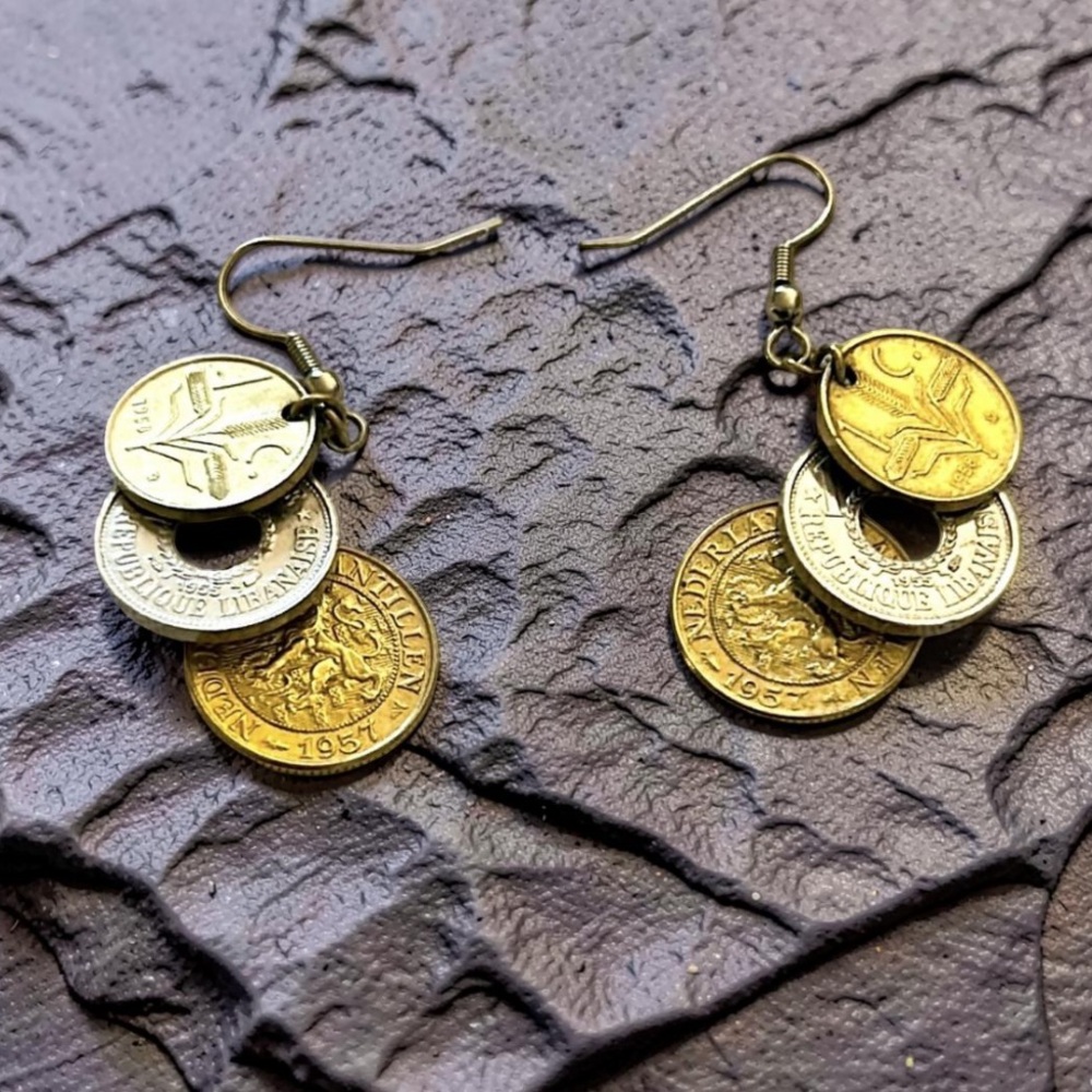 Vintage 1950’s Coin Drop Earrings Mexico Netherlands and Lebanese
